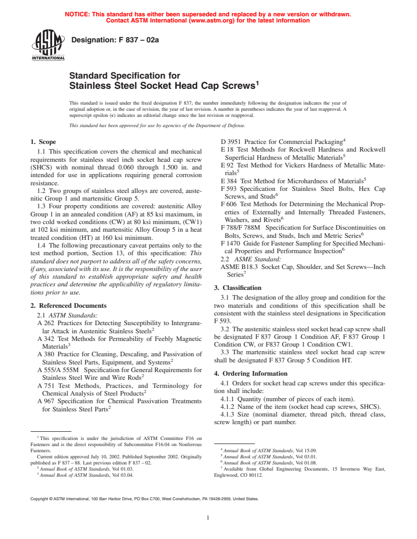 ASTM F837-02a - Standard Specification for Stainless Steel Socket Head Cap Screws