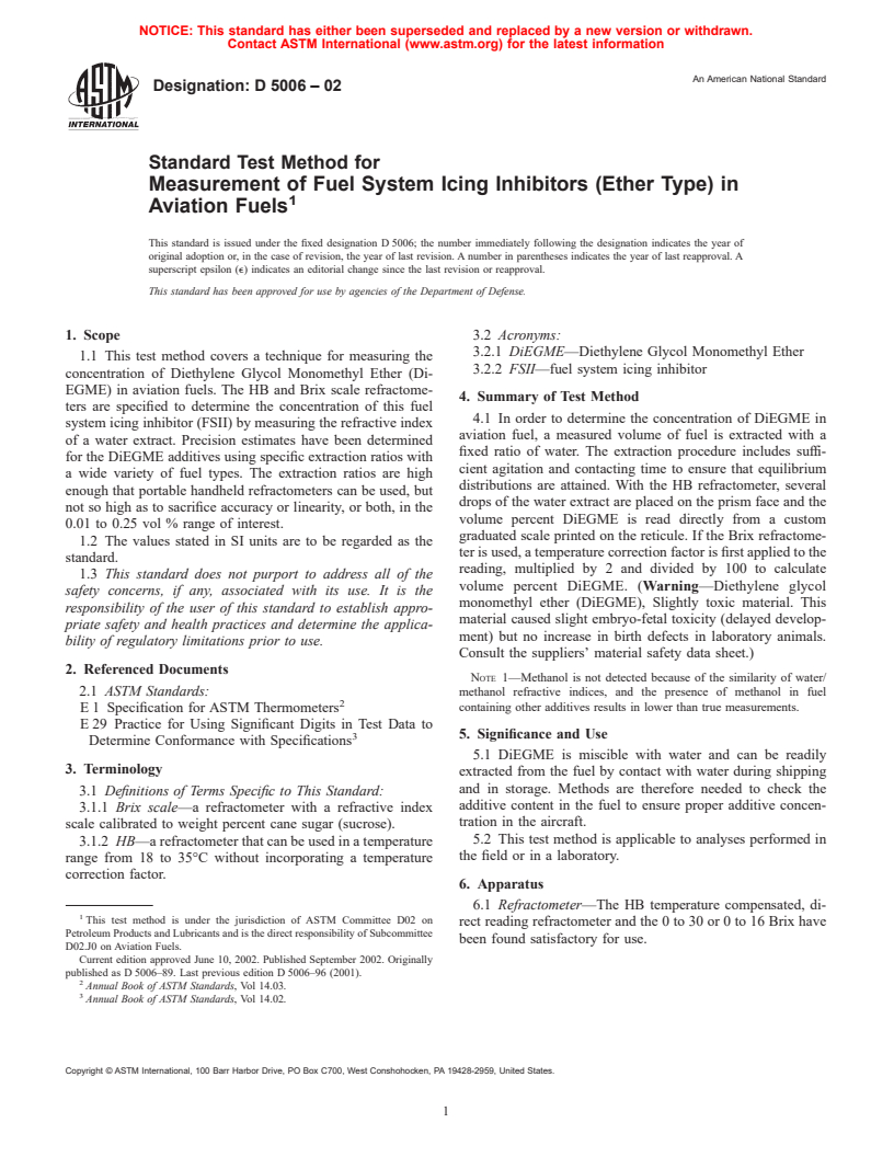 ASTM D5006-02 - Standard Test Method for Measurement of Fuel System Icing Inhibitors (Ether Type) in Aviation Fuels