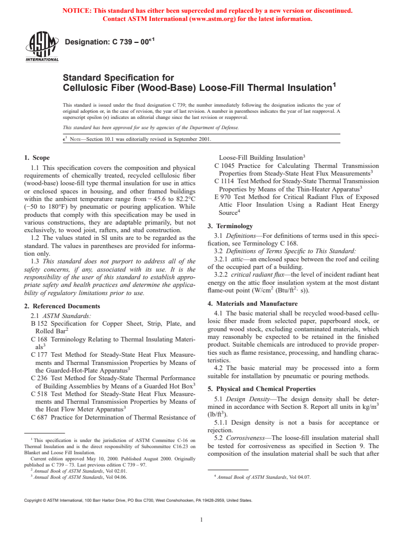 ASTM C739-00e1 - Standard Specification for Cellulosic Fiber (Wood-Base) Loose-Fill Thermal Insulation