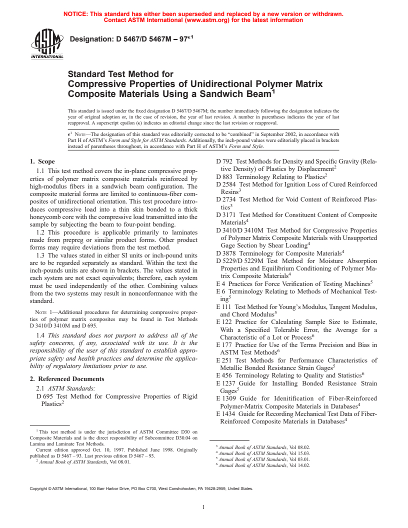 ASTM D5467/D5467M-97e1 - Standard Test Method for Compressive Properties of Unidirectional Polymer Matrix Composites Using a Sandwich Beam