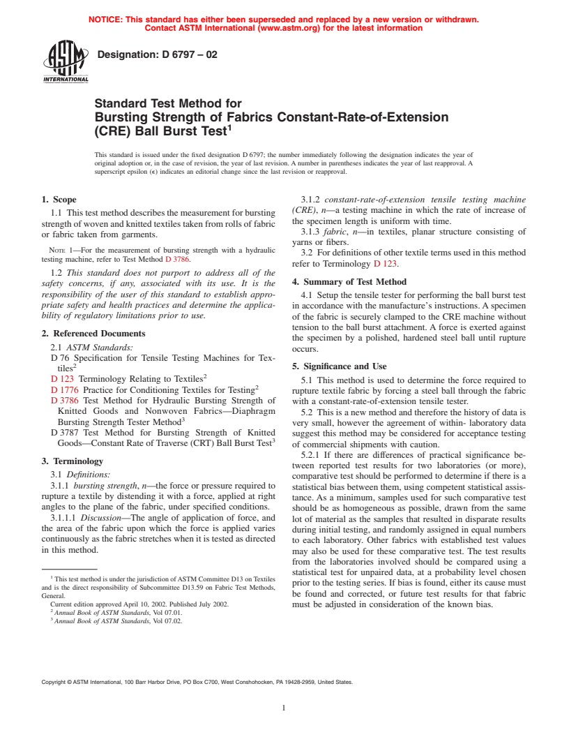 ASTM D6797-02 - Standard Test Method for Bursting Strength of Fabrics Constant-Rate-of-Extension (CRE) Ball Burst Test