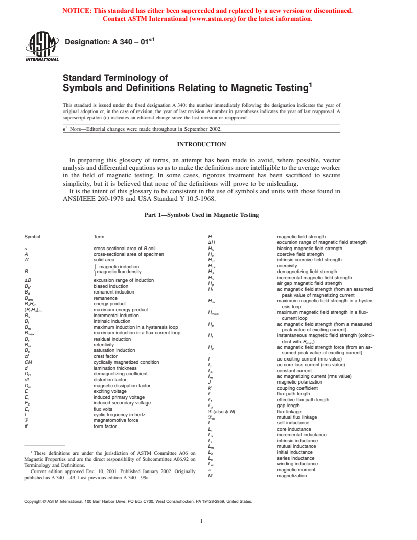 ASTM A340-01e1 - Standard Terminology of Symbols and Definitions Relating to Magnetic Testing