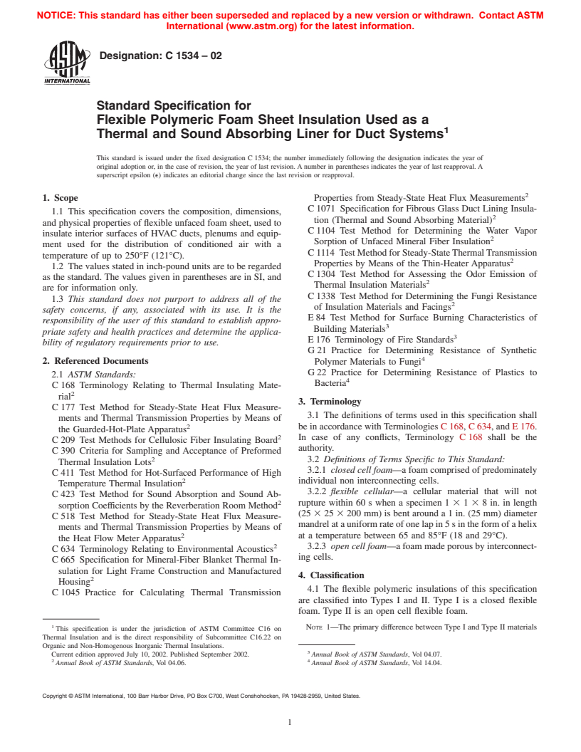 ASTM C1534-02 - Standard Specification for Flexible Polymeric Foam Sheet Insulation Used as a Thermal and Sound Absorbing Liner for Duct Systems