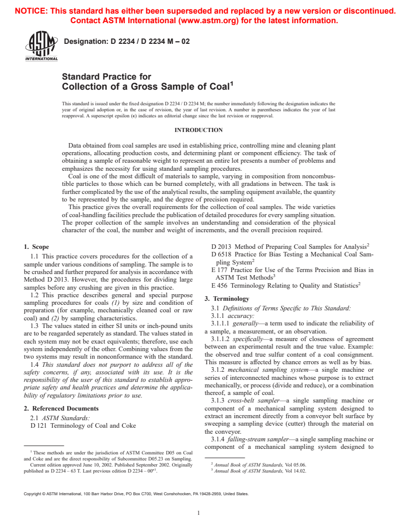 ASTM D2234/D2234M-02 - Standard Practice for Collection of a Gross Sample of Coal