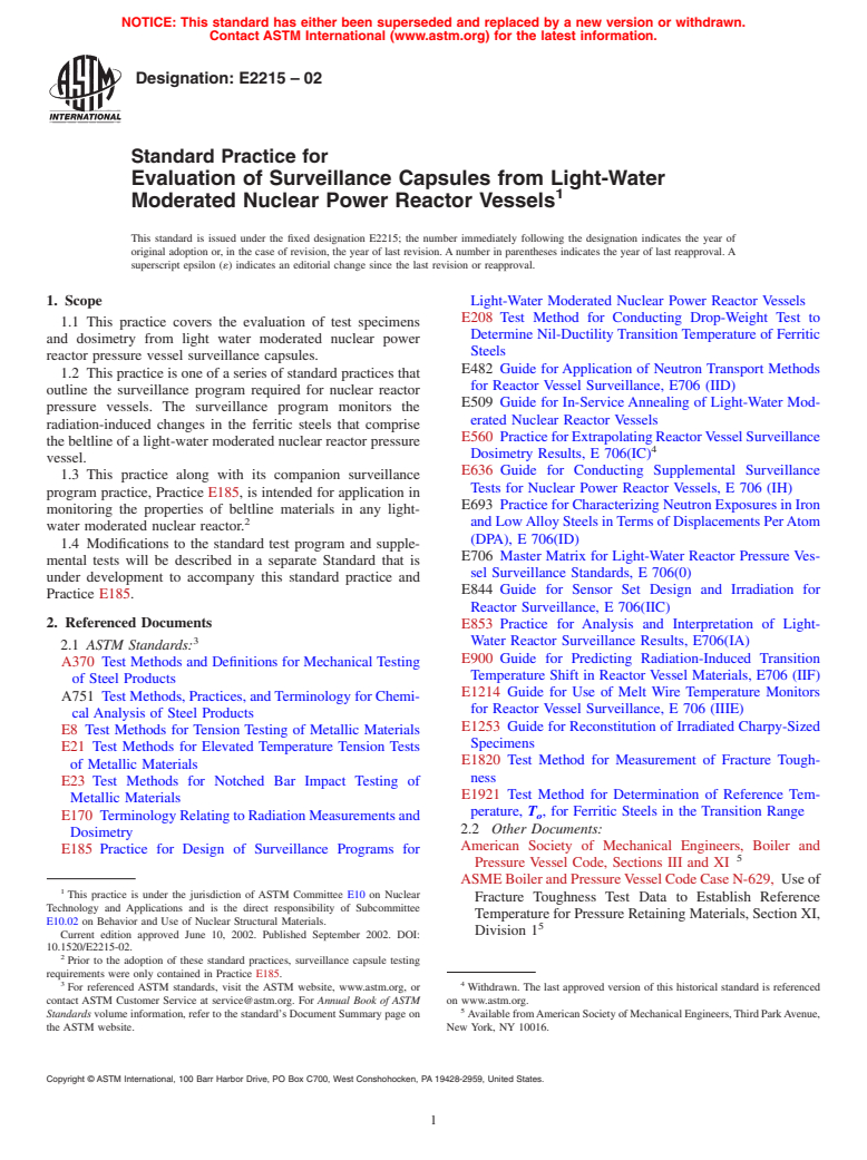 ASTM E2215-02 - Standard Practice for Evaluation of Surveillance Capsules from Light-Water Moderated Nuclear Power Reactor Vessels