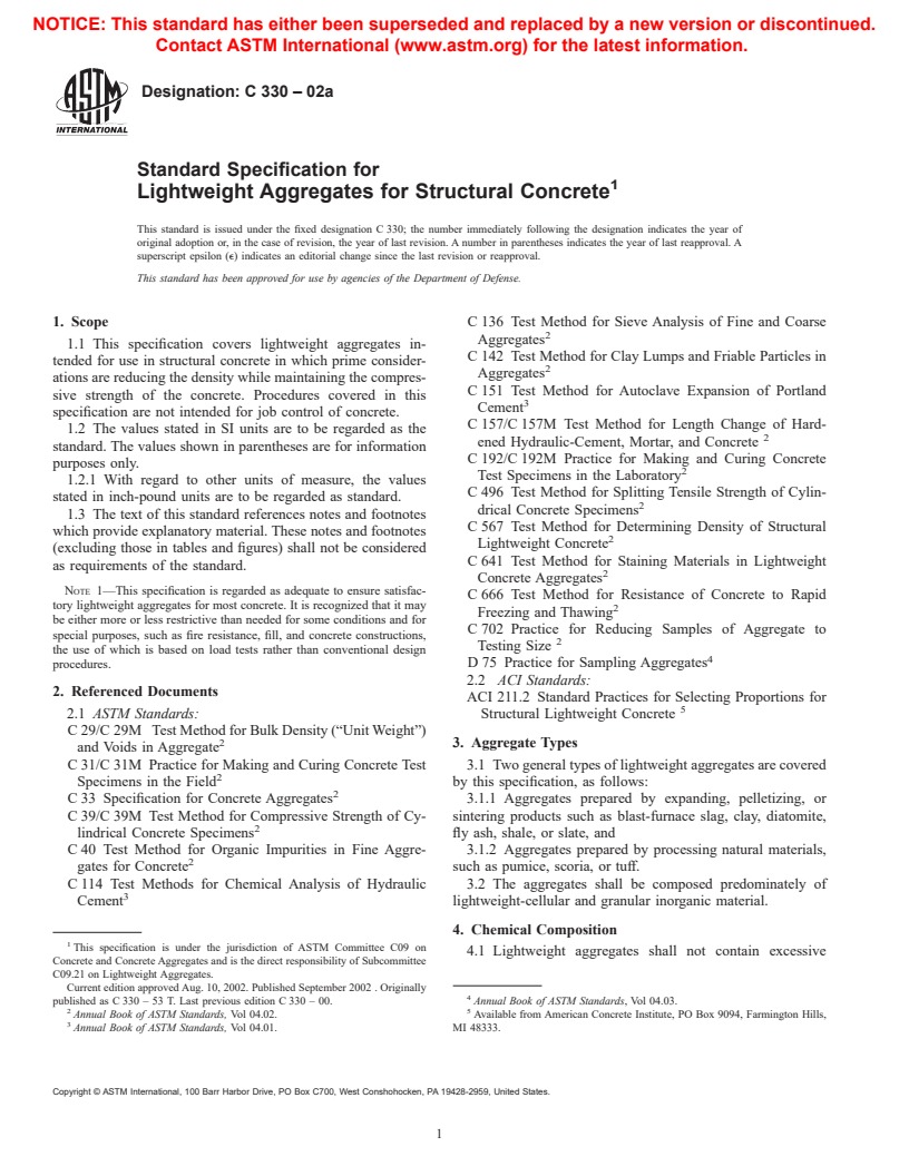 ASTM C330-02a - Standard Specification for Lightweight Aggregates for Structural Concrete