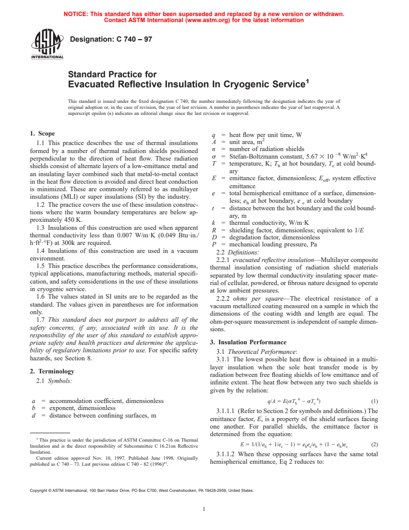 ASTM C740-97 - Standard Practice for Evacuated Reflective Insulation In Cryogenic Service