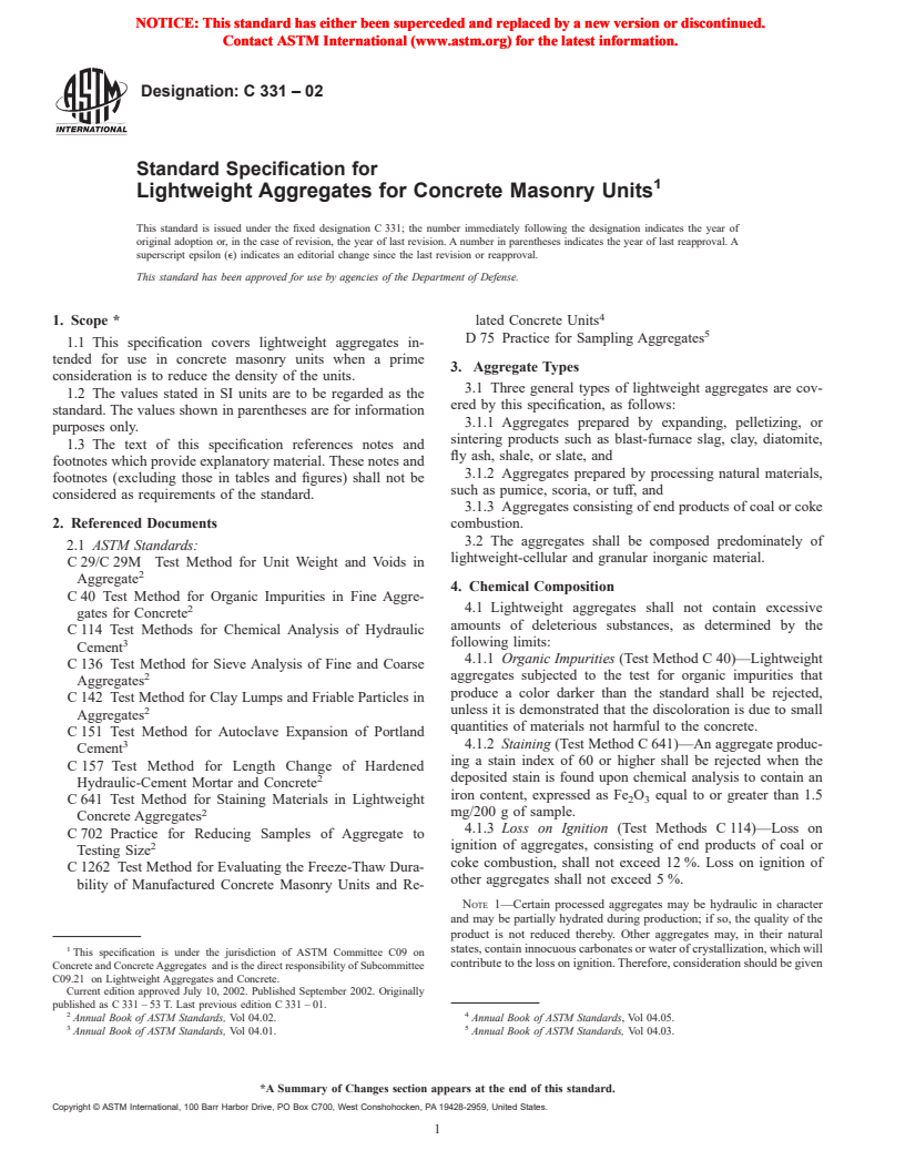 ASTM C331-02 - Standard Specification for Lightweight Aggregates for Concrete Masonry Units