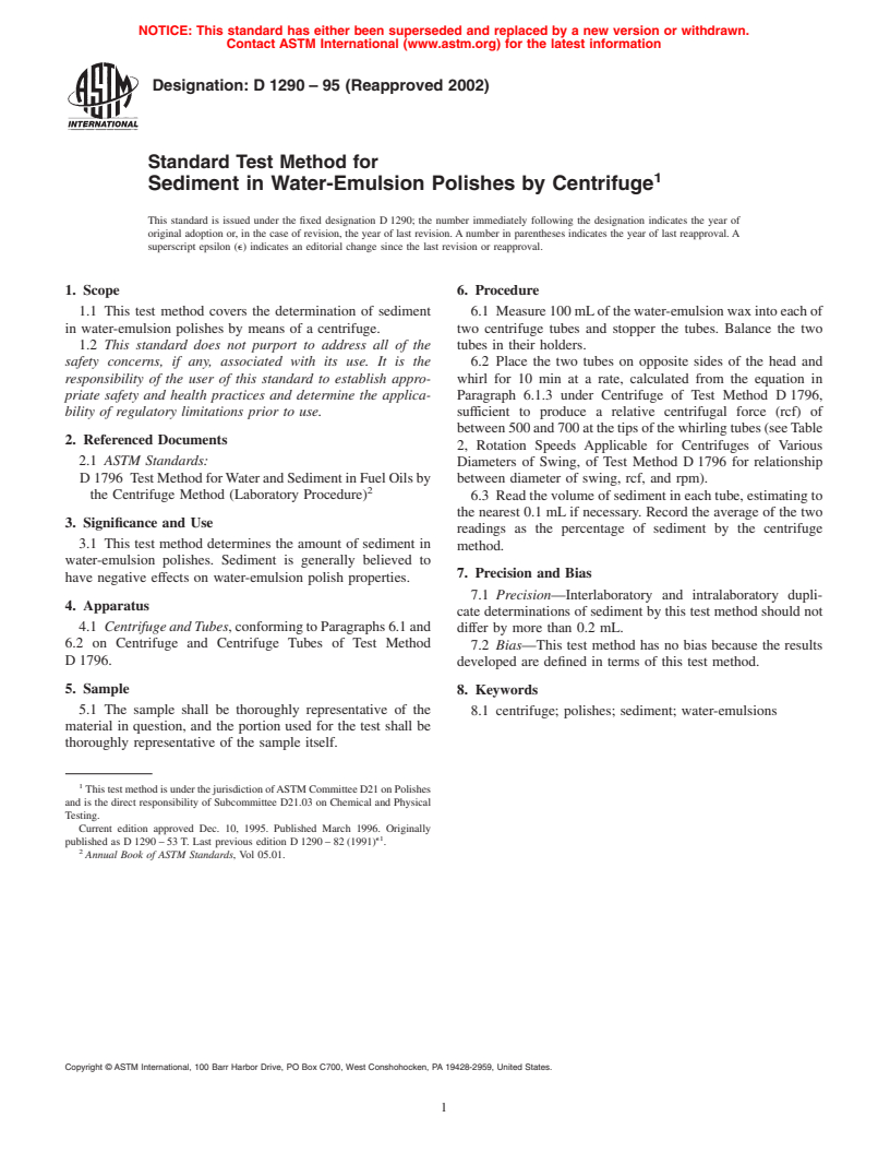 ASTM D1290-95(2002) - Standard Test Method for Sediment in Water-Emulsion Polishes by Centrifuge