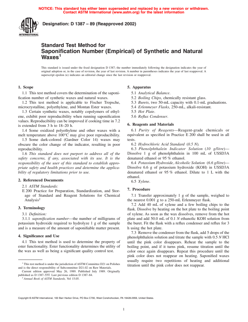 ASTM D1387-89(2002) - Standard Test Method for Saponification Number (Empirical) of Synthetic and Natural Waxes