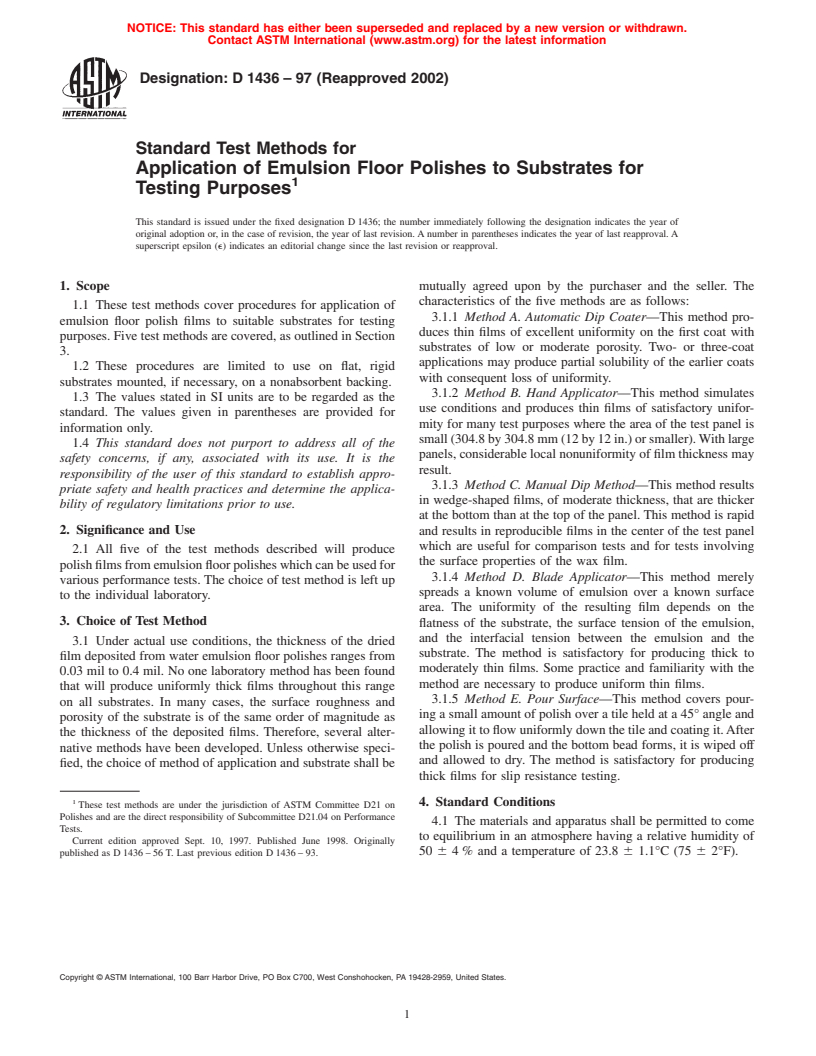 ASTM D1436-97(2002) - Standard Test Methods for Application of Emulsion Floor Polishes to Substrates for Testing Purposes