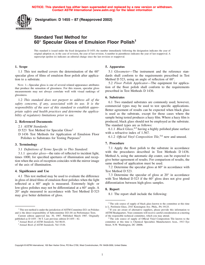 ASTM D1455-87(2002) - Standard Test Method for 60&#176 Specular Gloss of Emulsion Floor Polish