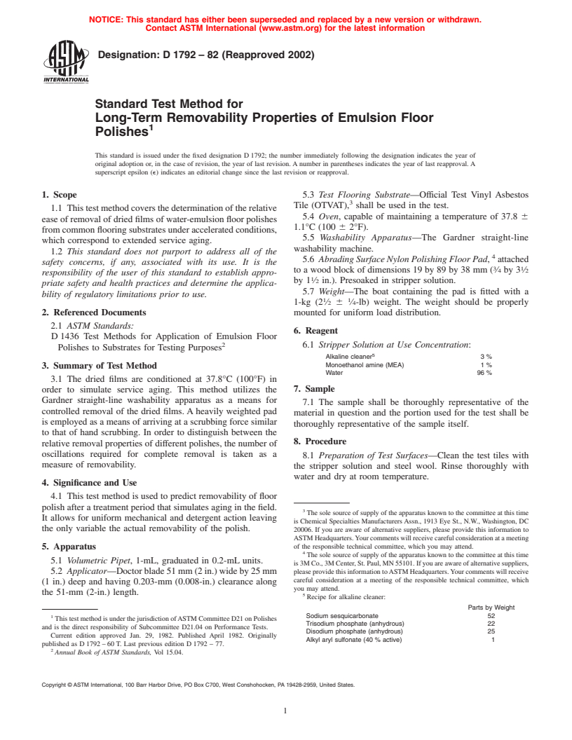 ASTM D1792-82(2002) - Standard Test Method for Long-Term Removability Properties of Emulsion Floor Polishes