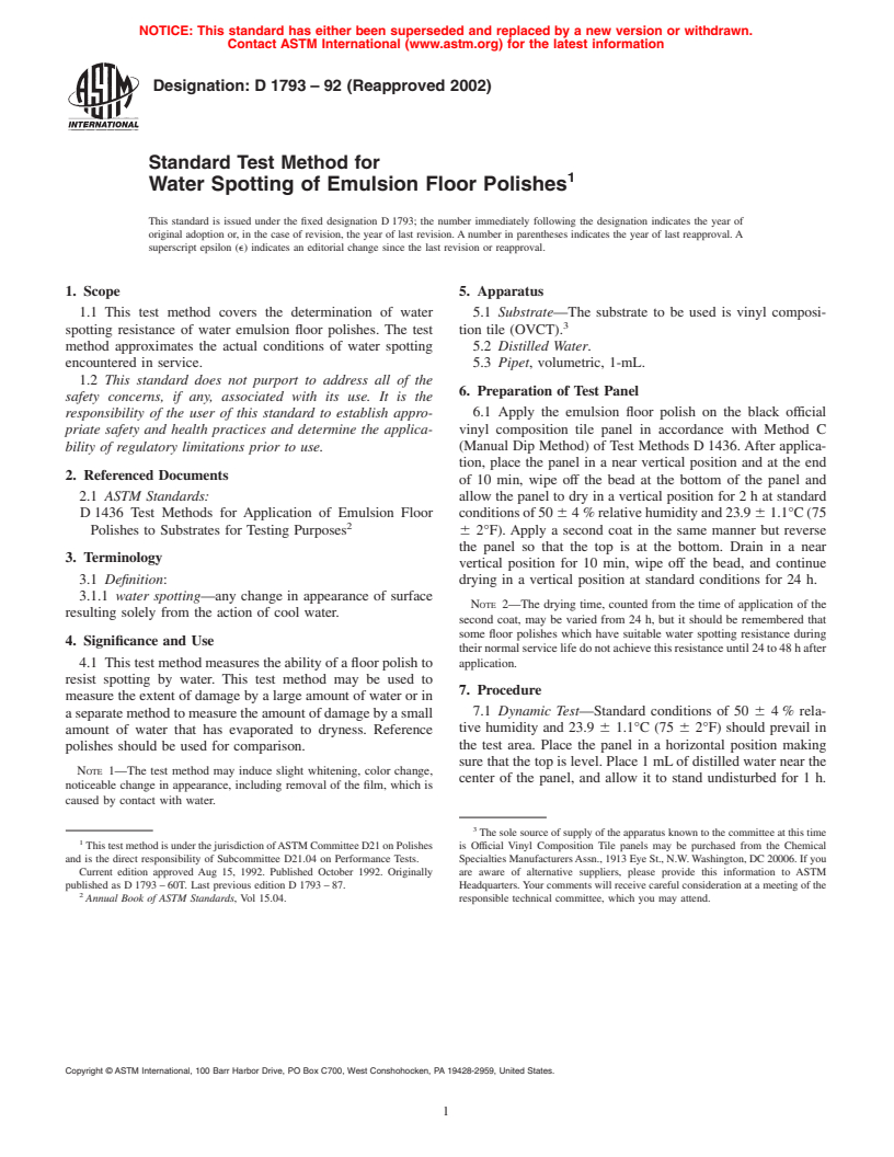 ASTM D1793-92(2002) - Standard Test Method for Water Spotting of Emulsion Floor Polishes