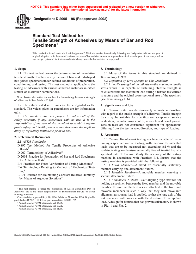 ASTM D2095-96(2002) - Standard Test Method for Tensile Strength of Adhesives by Means of Bar and Rod Specimens