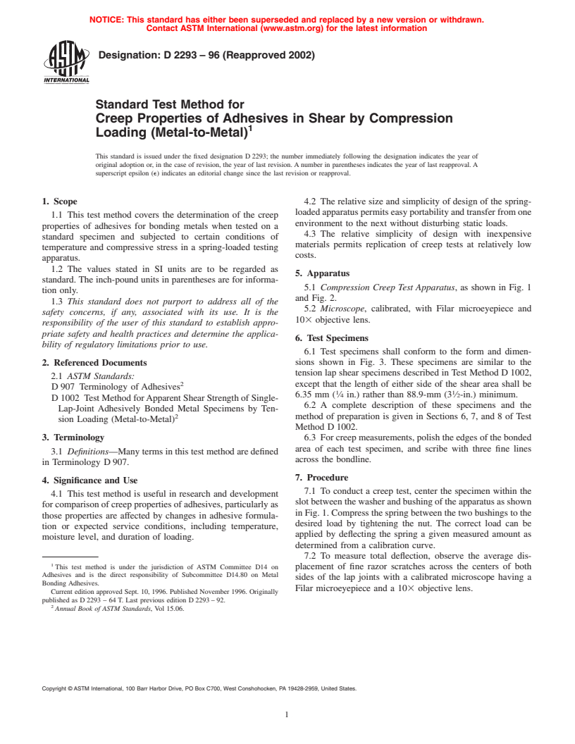 ASTM D2293-96(2002) - Standard Test Method for Creep Properties of Adhesives in Shear by Compression Loading (Metal-to-Metal)