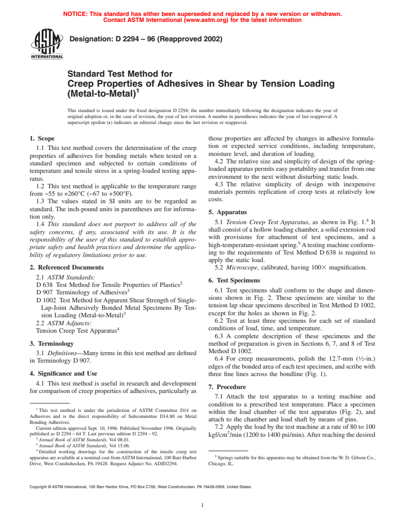 ASTM D2294-96(2002) - Standard Test Method for Creep Properties of Adhesives in Shear by Tension Loading (Metal-to-Metal)