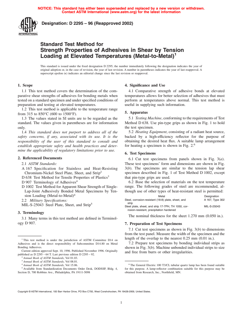 ASTM D2295-96(2002) - Standard Test Method for Strength Properties of Adhesives in Shear by Tension Loading at Elevated Temperatures (Metal-to-Metal)