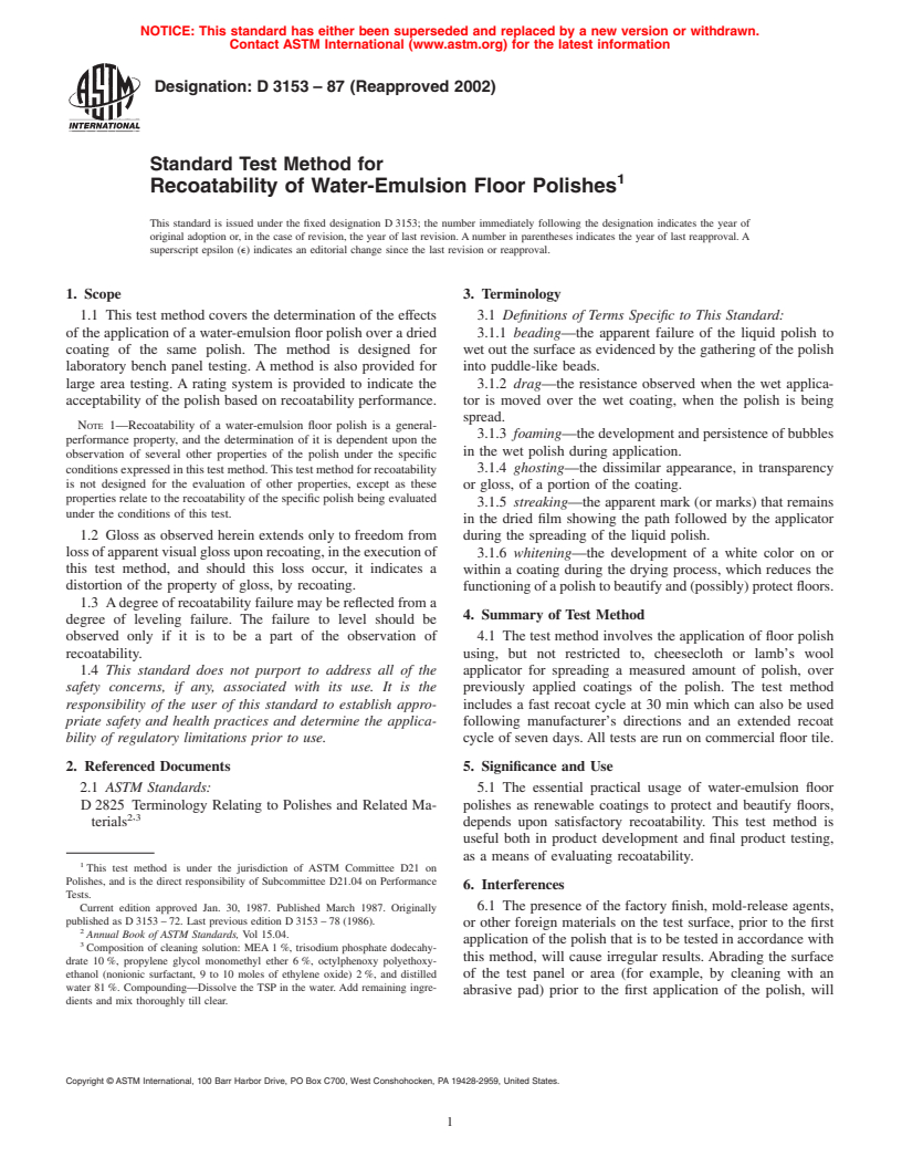 ASTM D3153-87(2002) - Standard Test Method for Recoatability of Water-Emulsion Floor Polishes