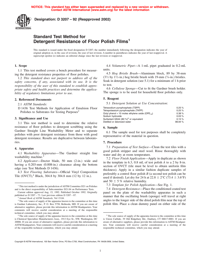 ASTM D3207-92(2002) - Standard Test Method for Detergent Resistance of Floor Polish Films