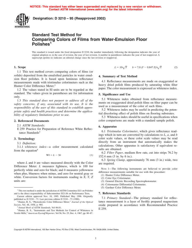 ASTM D3210-95(2002) - Standard Test Method for Comparing Colors of Films from Water-Emulsion Floor Polishes