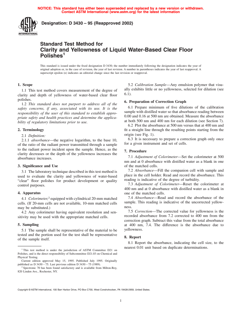 ASTM D3430-95(2002) - Standard Test Method for Clarity and Yellowness of Liquid Water-Based Clear Floor Polishes