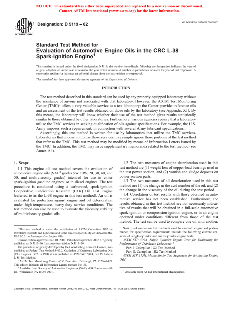 ASTM D5119-02 - Standard Test Method for Evaluation of Automotive Engine Oils in the CRC L-38 Spark-Ignition Engine (Withdrawn 2003)