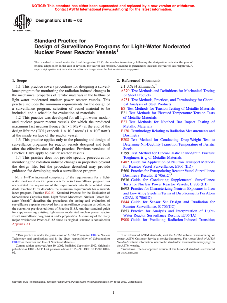 ASTM E185-02 - Standard Practice for Design of Surveillance Programs for Light-Water Moderated Nuclear Power Reactor Vessels