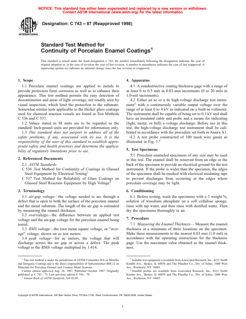 ASTM C743-87(1998) - Standard Test Method for Continuity of Porcelain Enamel Coatings