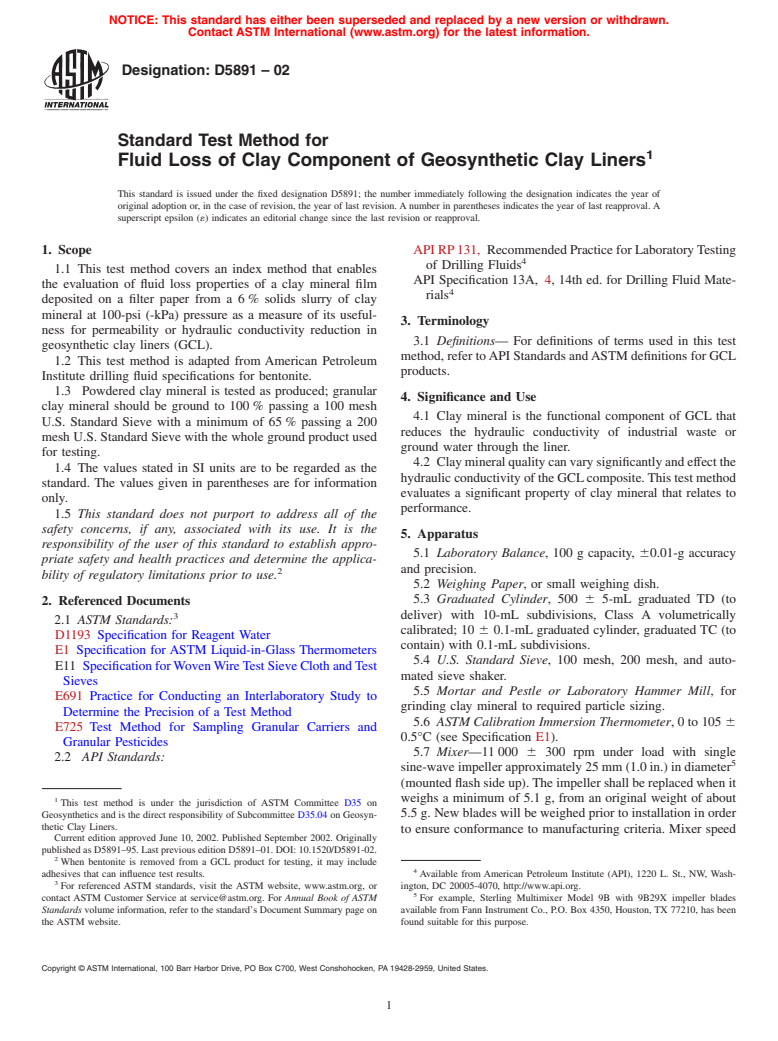 ASTM D5891-02 - Standard Test Method for Fluid Loss of Clay Component of Geosynthetic Clay Liners