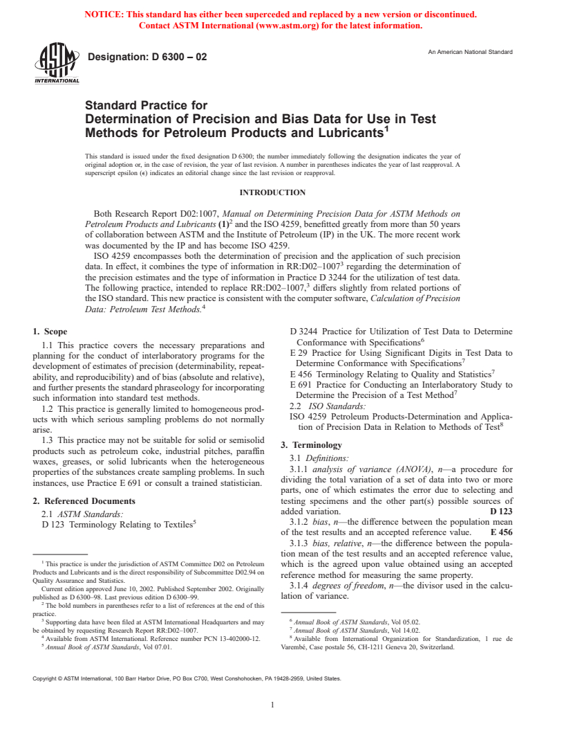 ASTM D6300-02 - Standard Practice for Determination of Precision and Bias Data for Use in Test Methods for Petroleum Products and Lubricants