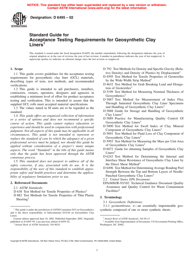 ASTM D6495-02 - Standard Guide for Acceptance Testing Requirements for Geosynthetic Clay Liners