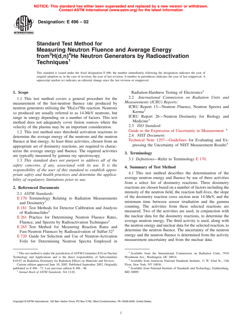 ASTM E496-02 - Standard Test Method for Measuring Neutron Fluence and Average Energy from <sup>3</sup>H(<i>d,n</i>)<sup>4</sup>He Neutron Generators by Radioactivation Techniques <sup>1</sup>