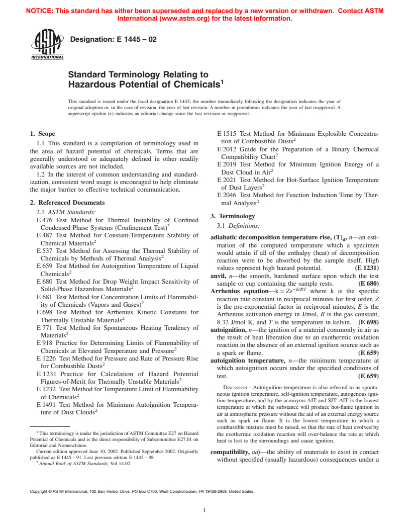 ASTM E1445-02 - Standard Terminology Relating to Hazardous Potential of Chemicals