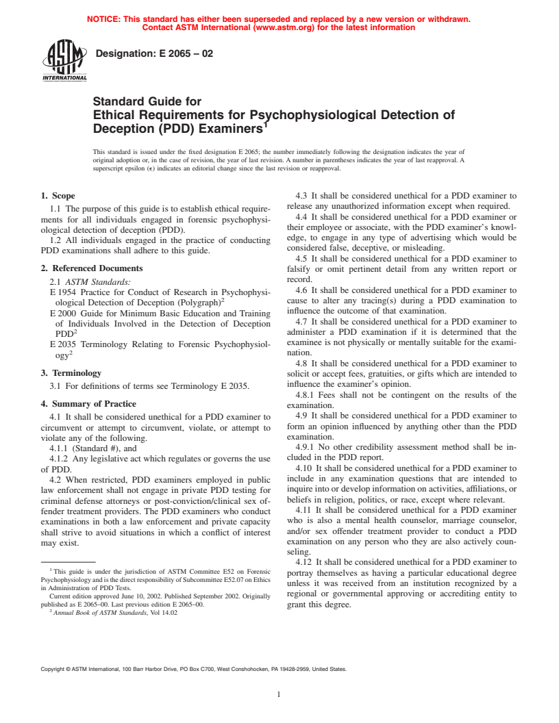 ASTM E2065-02 - Standard Guide for Ethical Requirements for Psychophysiological Detection of Deception (PDD) Examiners