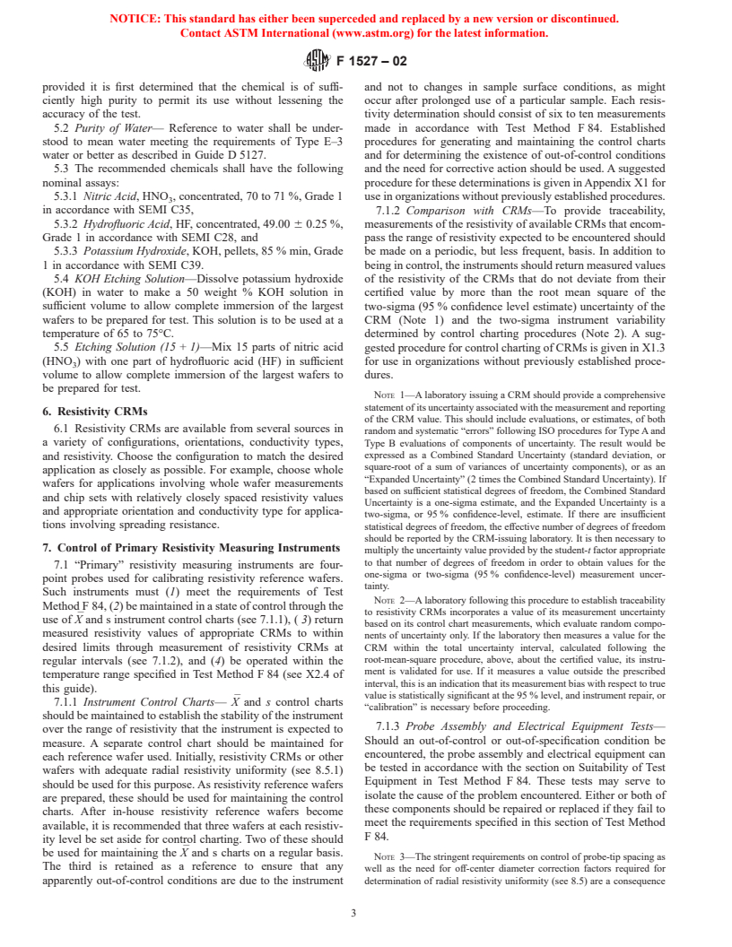 ASTM F1527-02 - Standard Guide for Application of Certified Reference Materials and Reference Wafers for Calibration and Control of Instruments for Measuring Resistivity of Silicon (Withdrawn 2003)