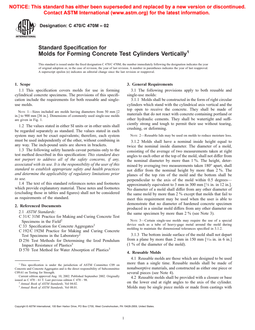 ASTM C470/C470M-02 - Standard Specification for Molds for Forming Concrete Test Cylinders Vertically