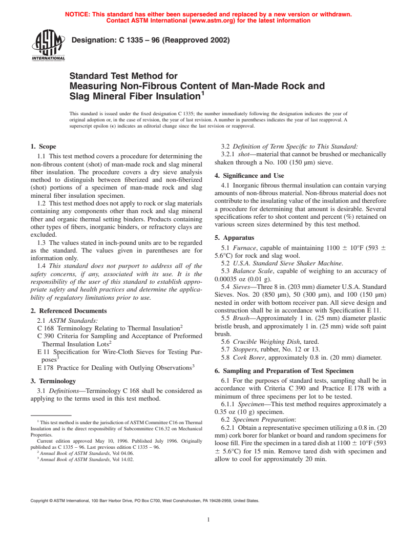 ASTM C1335-96(2002) - Standard Test Method for Measuring Non-Fibrous Content of Man-Made Rock and Slag Mineral Fiber Insulation