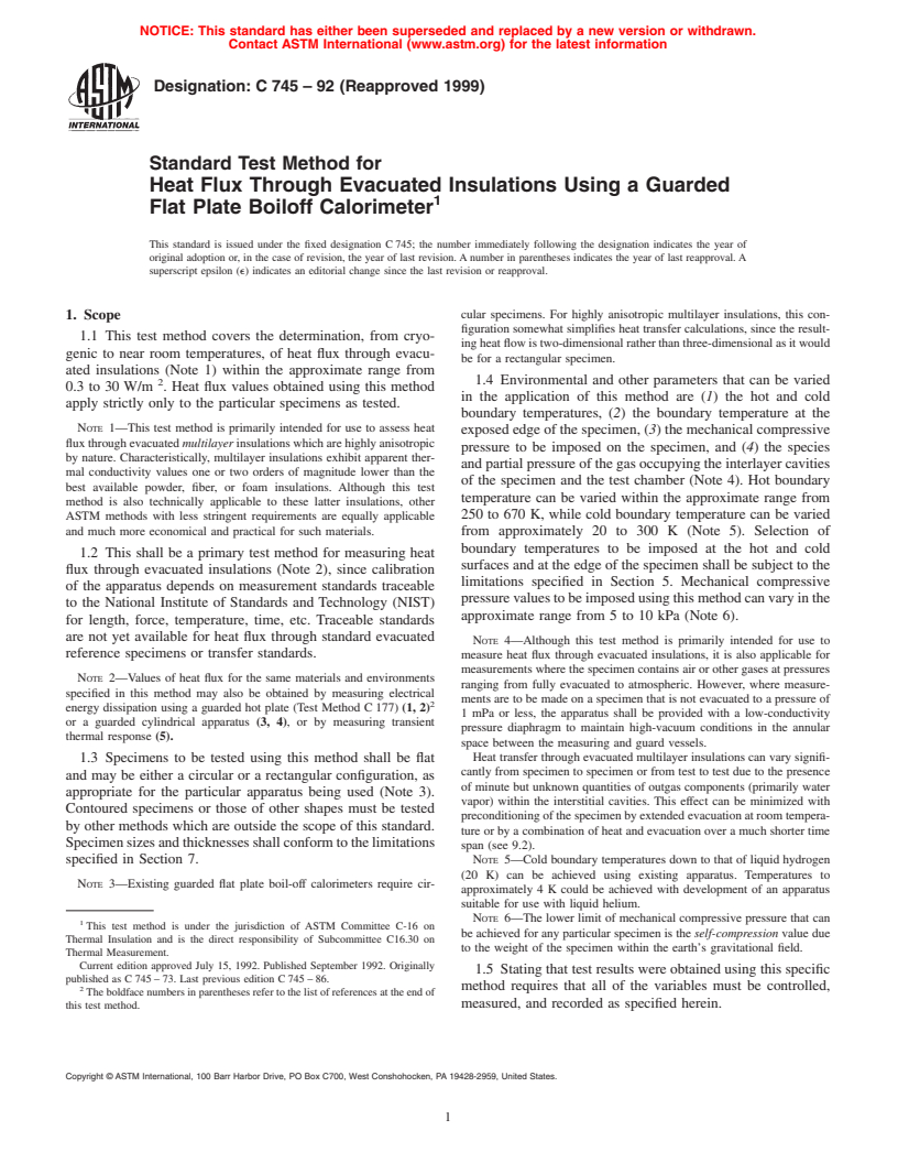 ASTM C745-92(1999) - Standard Test Method for Heat Flux Through Evacuated Insulations Using a Guarded Flat Plate Boiloff Calorimeter (Withdrawn 2008)