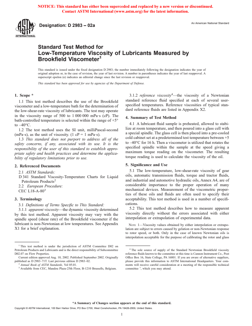 ASTM D2983-02a - Standard Test Method for Low-Temperature Viscosity of Lubricants Measured by Brookfield Viscometer