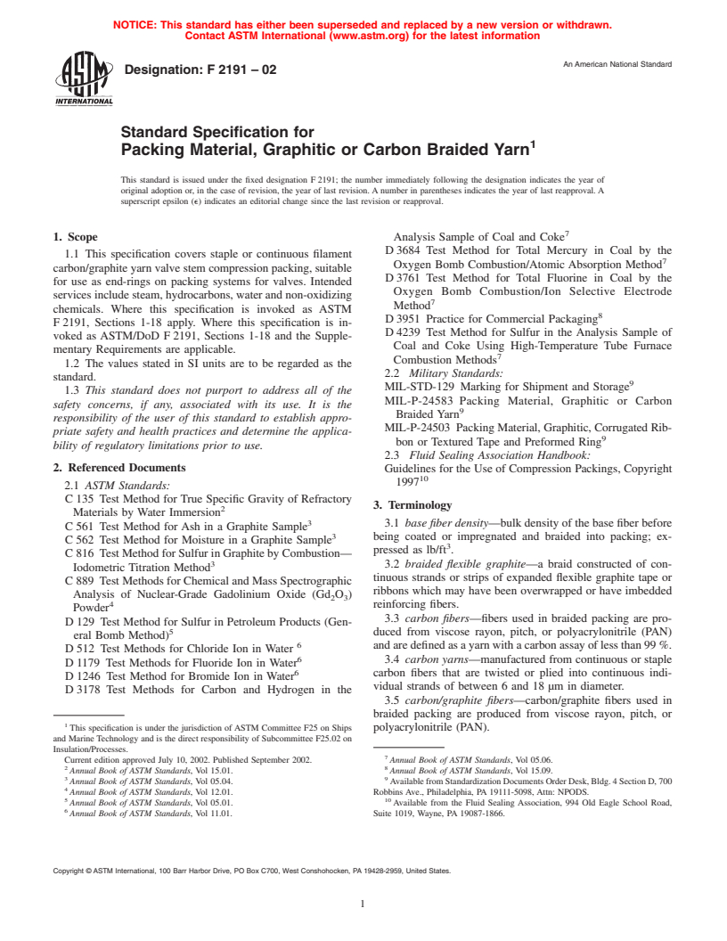 ASTM F2191-02 - Standard Specification for Packing Material, Graphitic or Carbon Braided Yarn