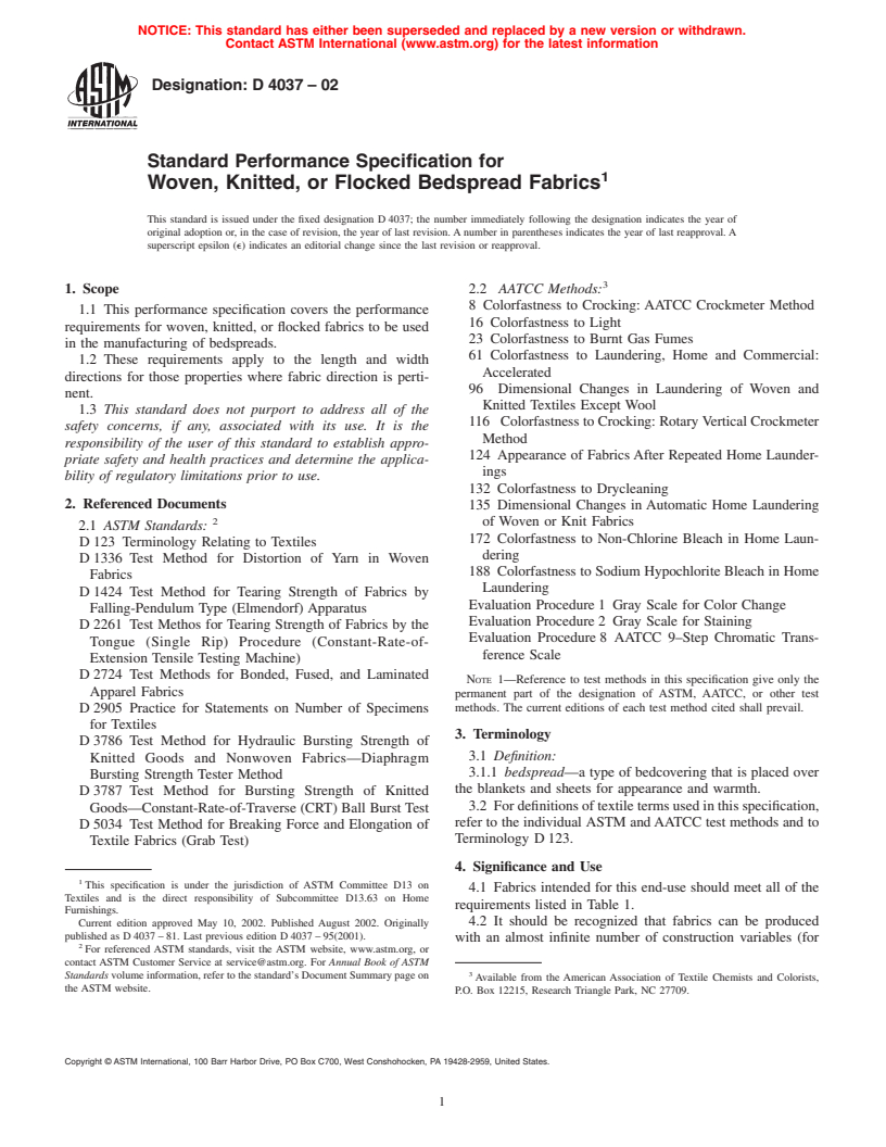 ASTM D4037-02 - Standard Performance Specification for Woven, Knitted, or Flocked Bedspread Fabrics