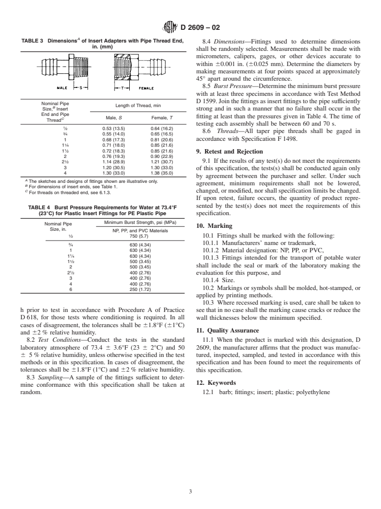 ASTM D2609-02 - Standard Specification for Plastic Insert Fittings for Polyethylene (PE) Plastic Pipe