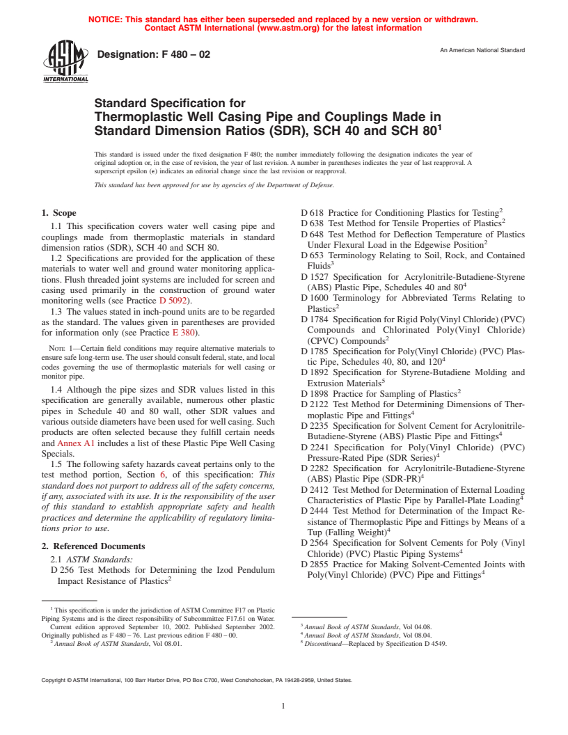 ASTM F480-02 - Standard Specification for Thermoplastic Well Casing Pipe and Couplings Made in Standard Dimension Ratios (SDR), SCH 40 and SCH 80