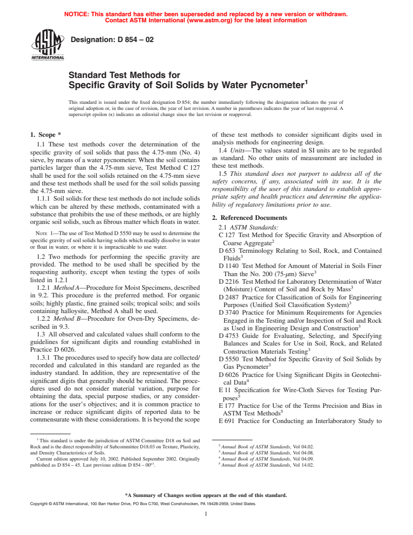 ASTM D854-02 - Standard Test Methods for Specific Gravity of Soil Solids by Water Pycnometer