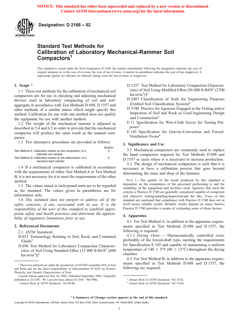 ASTM D2168-02 - Standard Test Methods for Calibration of Laboratory Mechanical-Rammer Soil Compactors