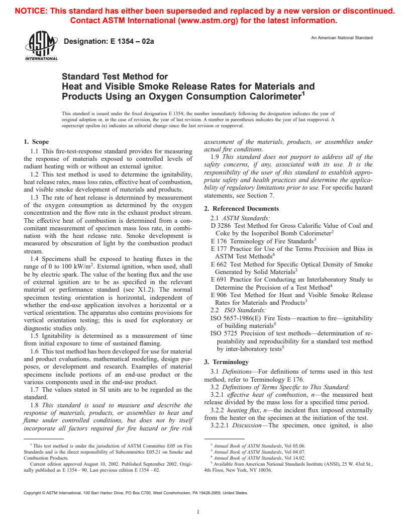 ASTM E1354-02a - Standard Test Method for Heat and Visible Smoke Release Rates for Materials and Products Using an Oxygen Consumption Calorimeter