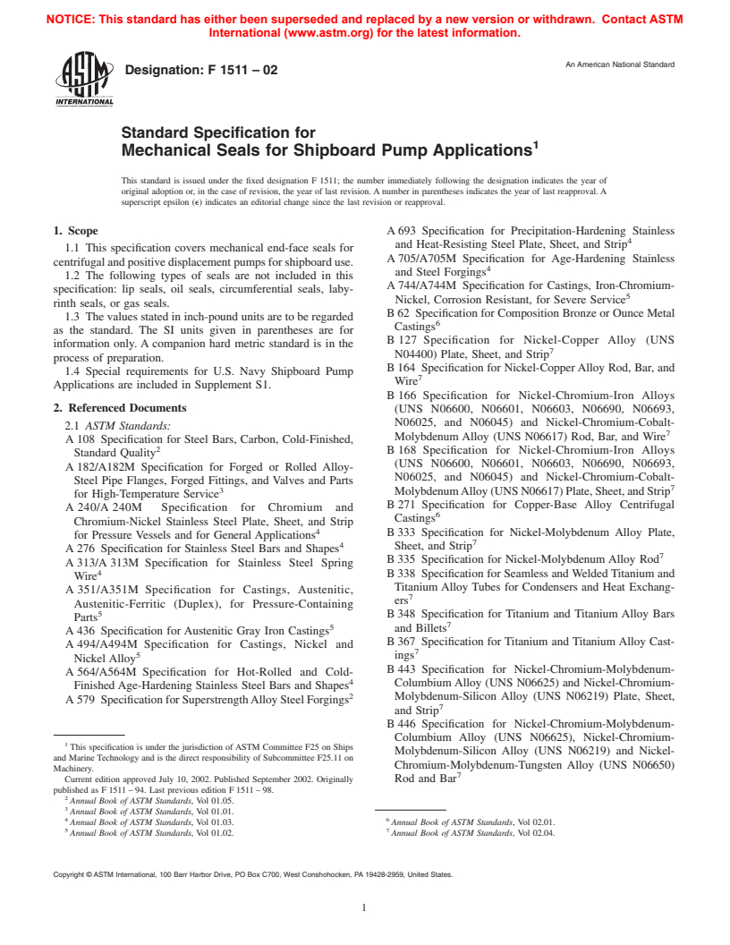 ASTM F1511-02 - Standard Specification for Mechanical Seals for Shipboard Pump Applications