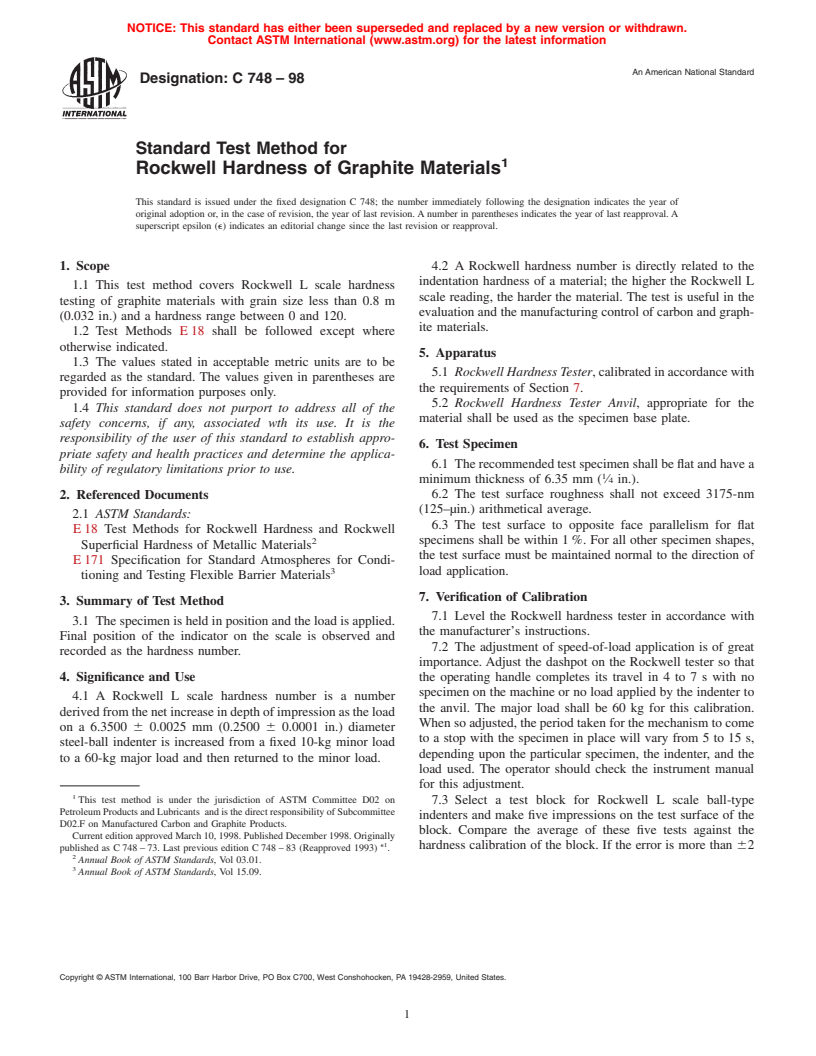 ASTM C748-98 - Standard Test Method for Rockwell Hardness of Graphite Materials