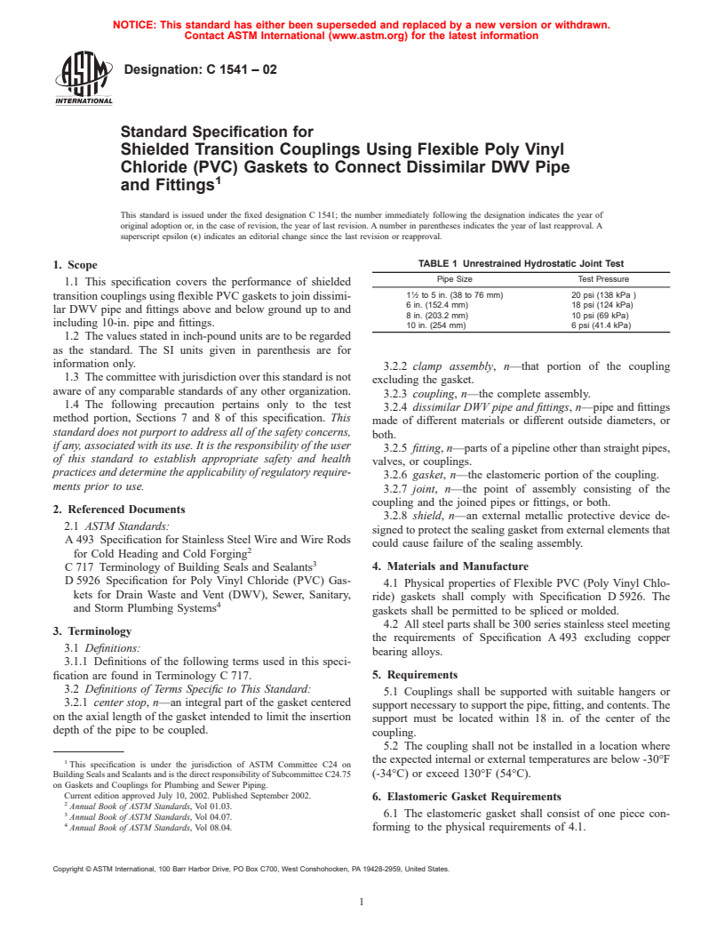 ASTM C1541-02 - Standard Specification for Shielded Transition Couplings Using Flexible Poly Vinyl Chloride (PVC) Gaskets to Connect Dissimilar DWV Pipe and Fittings